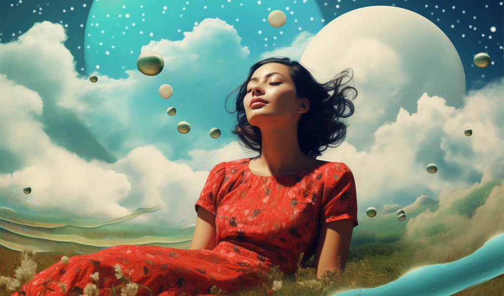 Ilustrație cu persoană optimistă și visătoare, care se relaxează pe câmpie