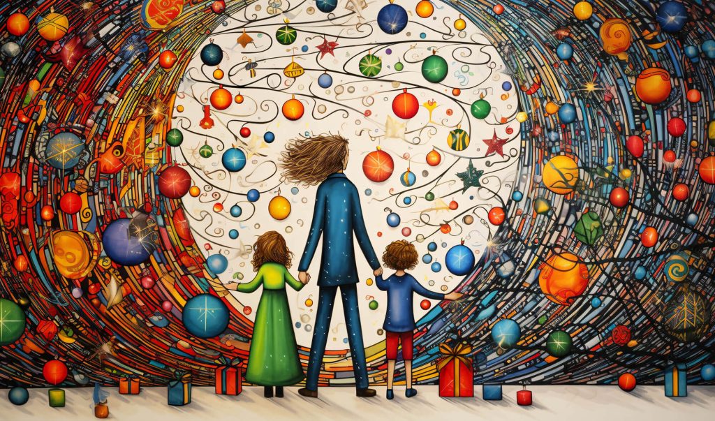Ilustrație cu o familie care privește foarte multe planete, ca posibile viitoare